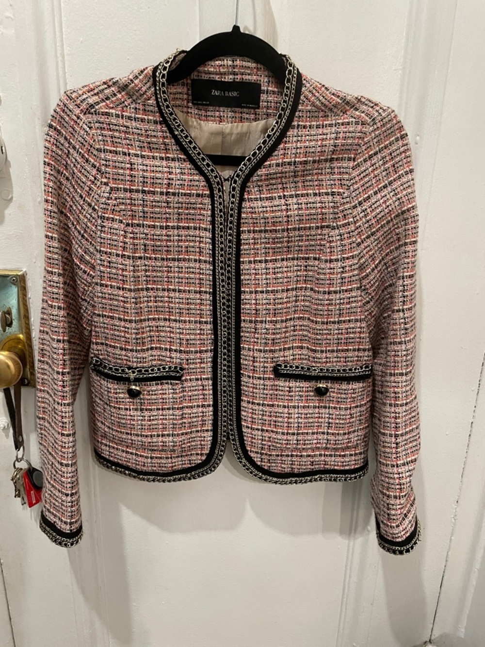 Zara Pink Multi-Color Tweed Collarless Blazer with Black Trim
